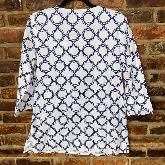 Basic Editions White Blue Embroidered Printed 3/4 Sleeve Tunic Top Women's Small - Picture 6 of 6